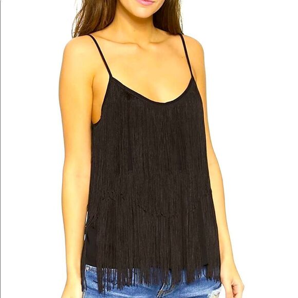BB Dakota Tops - BB Dakota solid black, Marlene fringe tank top.